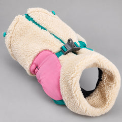 Cream Beige Alpine colorblock sherpa dog jacket with pink and green panels.
