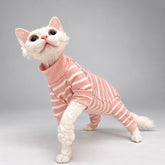 Cat wearing the Blush Pink Blush Stripe onesie, standing in side view.