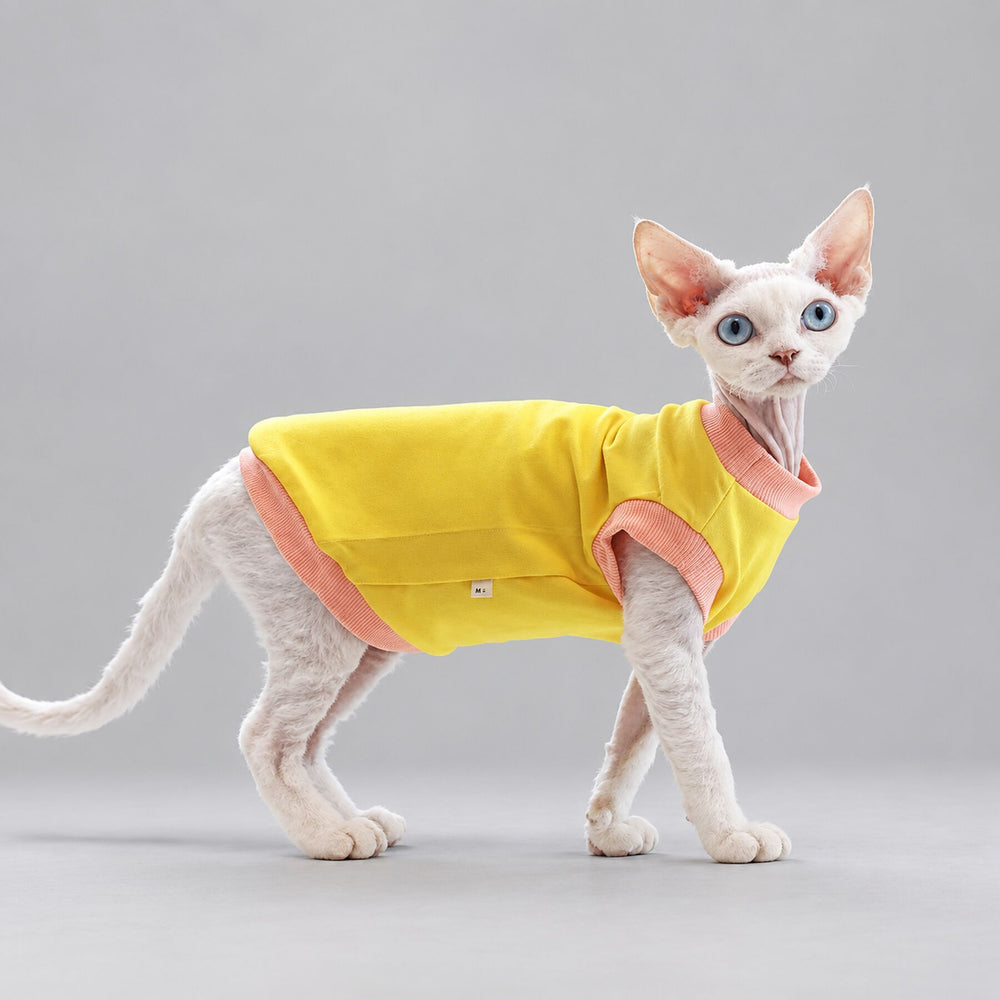 Cat wearing the yellow Butter & Peach vest, standing in side view.