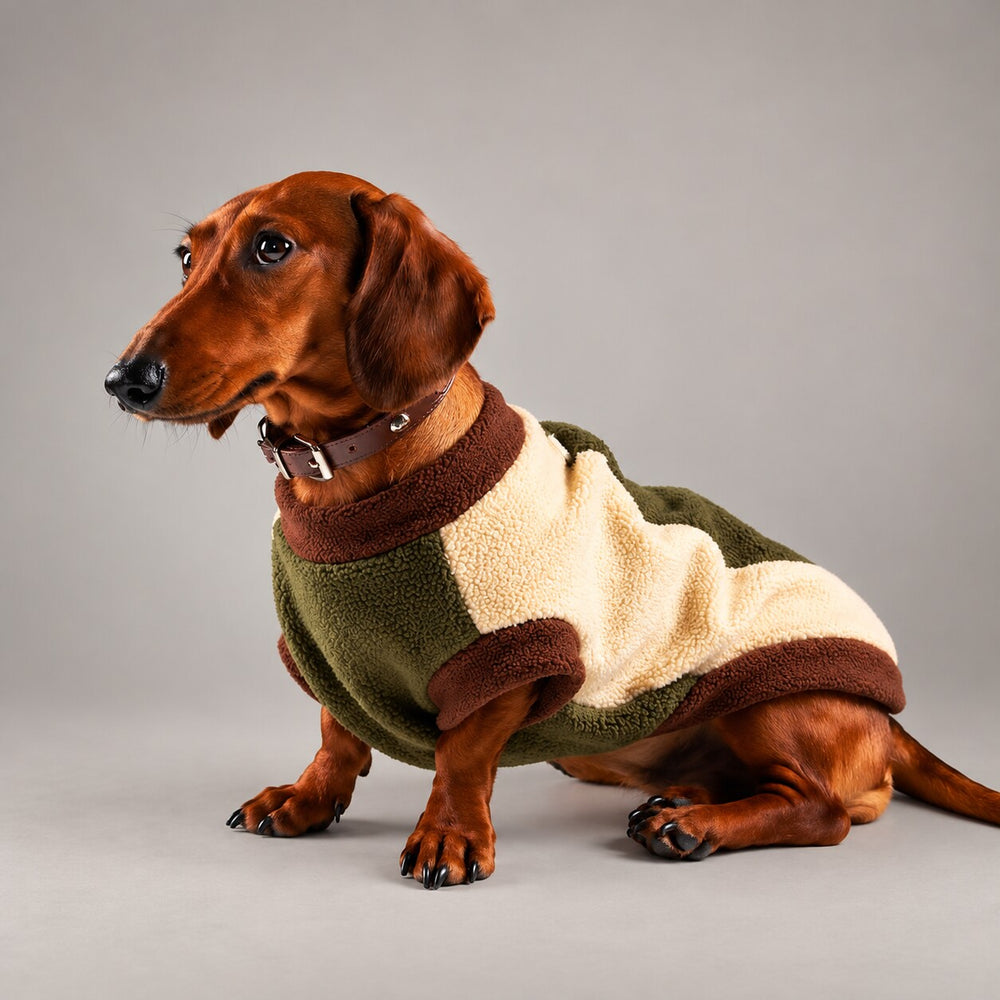 Dog wearing the Olive colorblock fleece-lined sweatshirt, seated in side view.