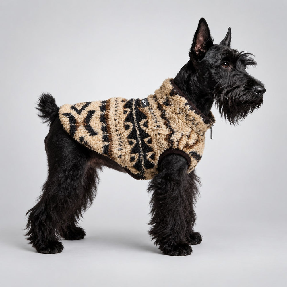 Dog wearing the Maillard Beige Fair Isle fleece-lined coat, standing in side view.