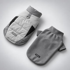 Gray padded dog vest and separate fleece shirt displayed side by side.