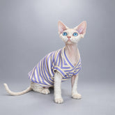 Cat wearing the Light Purple Lavender Stripe V-neck tank, seated in side view.
