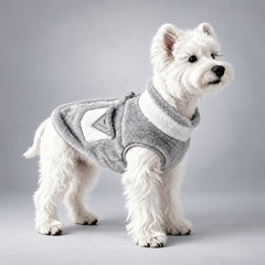 Dog wearing the Gray & White minimalist Arctic fleece vest, standing in side view.