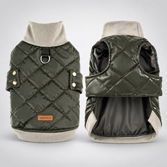 Outer and underside views of the olive dog vest showing its back D-ring and ribbed trim.