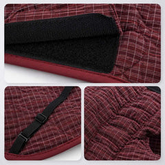 Close-ups of the Burgundy shell jacket showing the inner lining, closures and rear-leg straps.