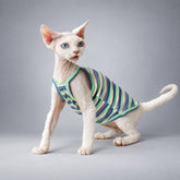Cat wearing the Pastel Stripe tank, seated in side view.