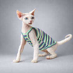 Cat wearing the Pastel Stripe tank, seated in side view.