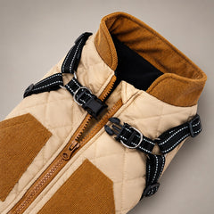 Close-up of the Beige quilted dog coat showing the zipper, corduroy collar, harness straps, buckles and leash rings.