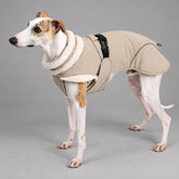 Dog wearing the Cream Beige sherpa-collar shell coat, standing in side view.