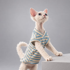 Hairless cat wearing the Sky & Cream striped V-neck vest with one paw lifted.