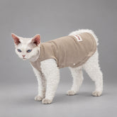 Cat wearing the Soft Taupe vest, standing in side view.