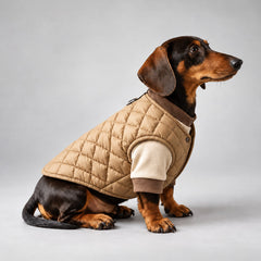 Black and tan Dachshund seated in the quilted vest and short-sleeved cream T-shirt set.