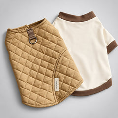 Tan diamond-quilted dog vest and cream cotton T-shirt with brown trim, displayed as two separate pieces.