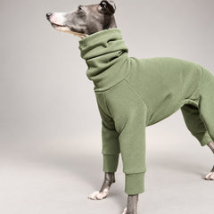 Close-up of the sage green onesie's high neckline, brushed texture and front sleeve.