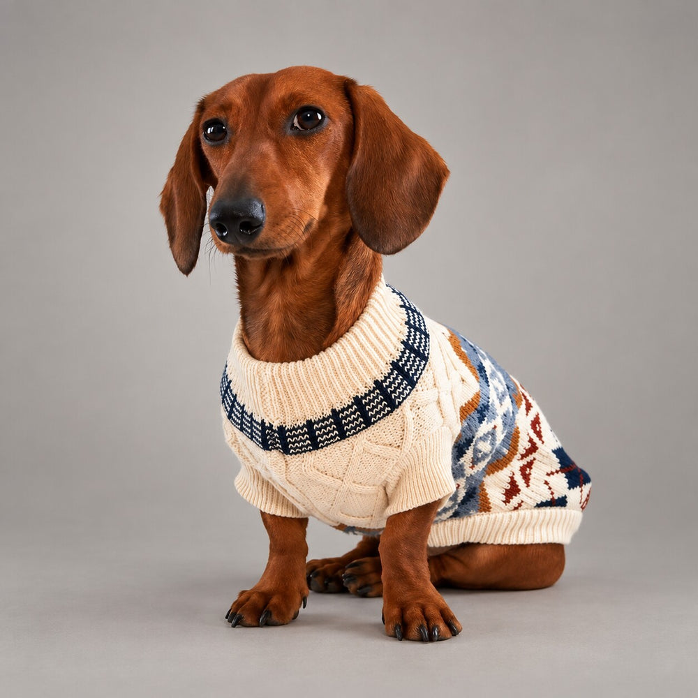 Dog wearing the Cream Ivory vintage Fair Isle sweater, seated facing the camera.