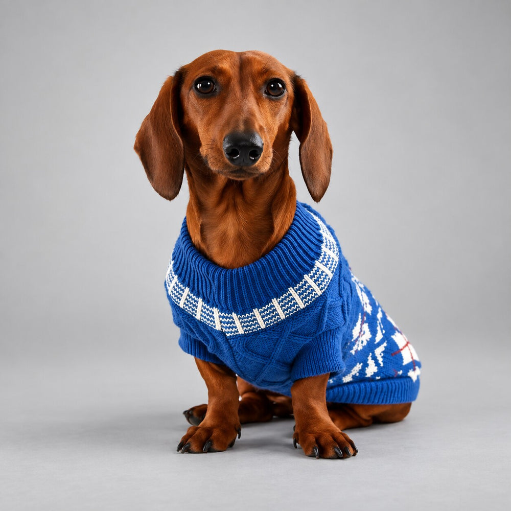Dog wearing the Royal Blue vintage Fair Isle sweater, seated facing the camera.