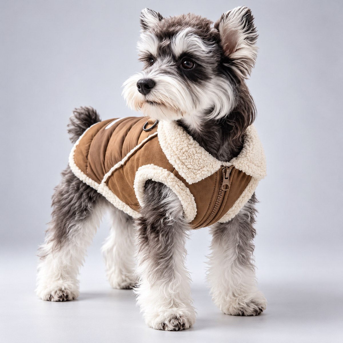 Schnauzer wearing a brown quilted dog coat with suede-look panels and a cream sherpa collar.