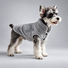Schnauzer wearing the gray reversible dog coat with plush flannel facing out.