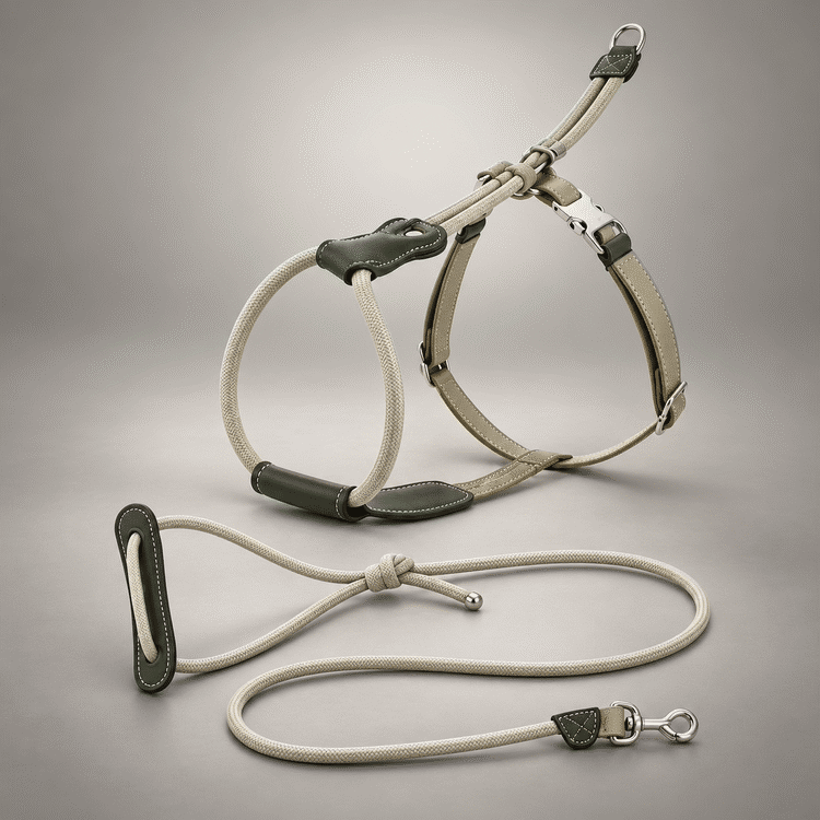 Sighthound Escape-Resistant Leather Rope Dog Harness & Leash Set