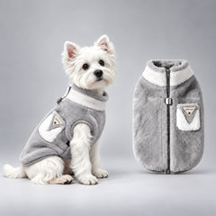 Gray and white fleece dog coat shown on a seated terrier and beside the dog.