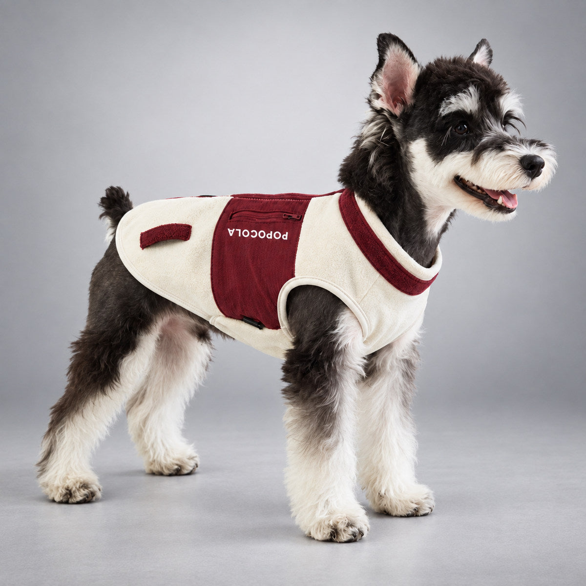 Cream Fleece Dog Vest with Burgundy Zip Detail