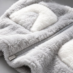 Close-up of the back zipper and soft gray and white fleece.