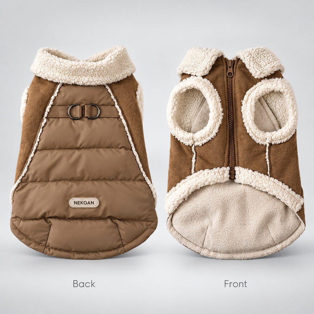 Front and back views of the brown padded dog coat with dual leash rings and fleece lining.