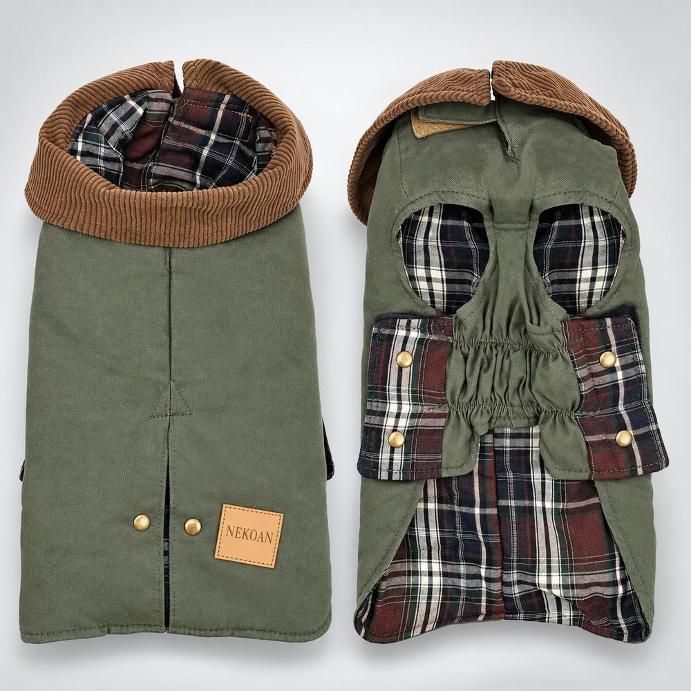 Front and underside views of the NEKOAN olive green dog coat, showing plaid lining and an elasticated chest.