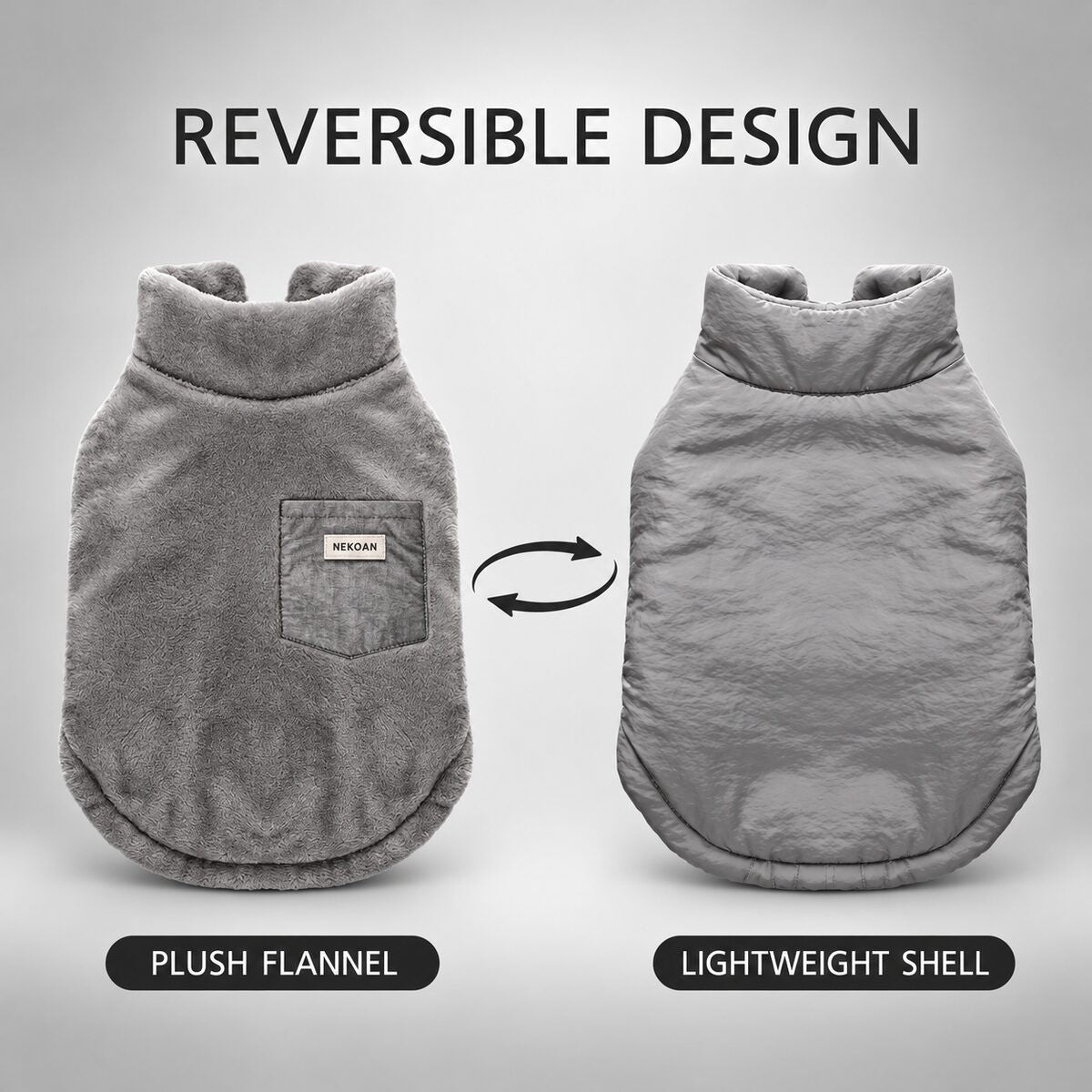 Reversible design with plush flannel on one side and a lightweight shell on the other.