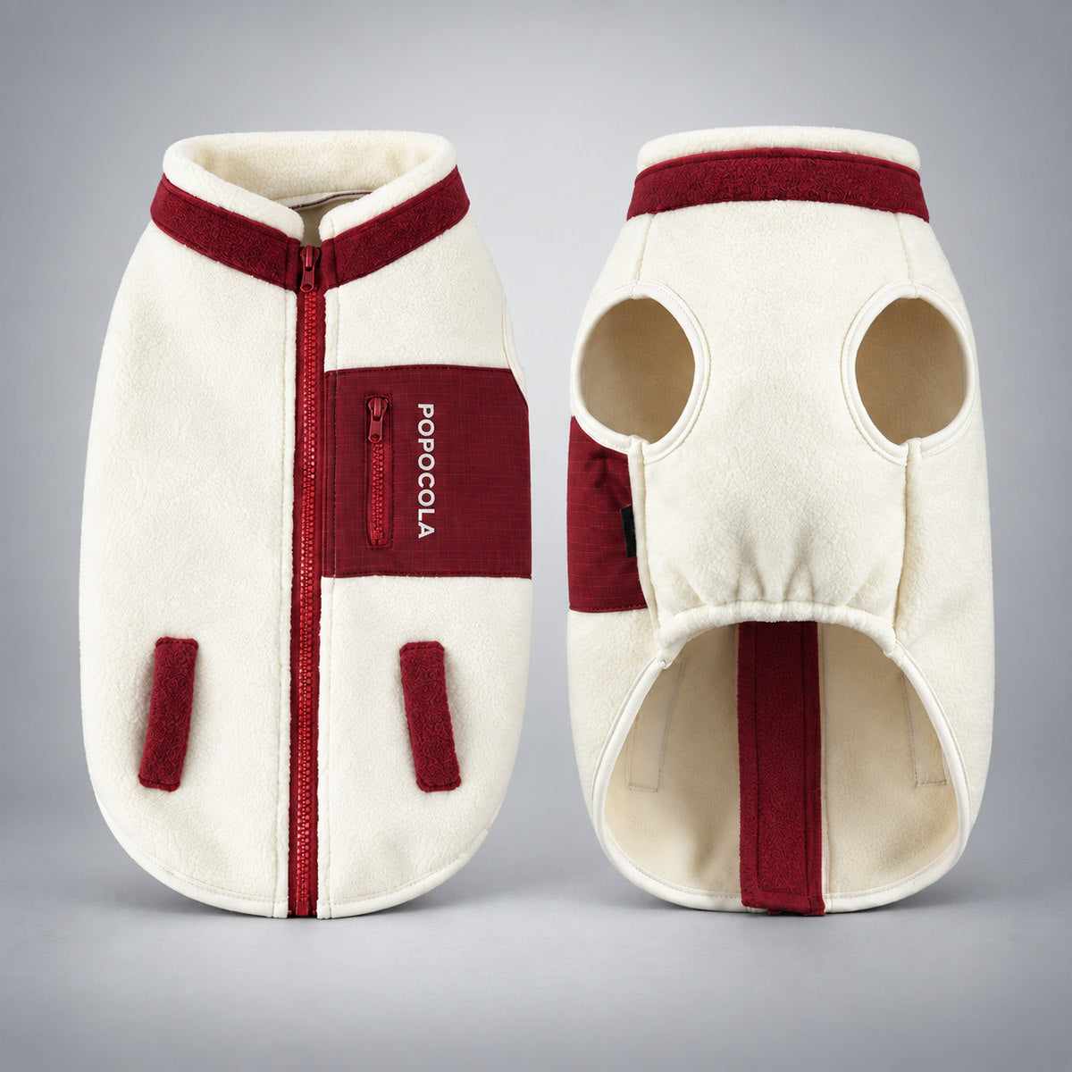 Cream Fleece Dog Vest with Burgundy Zip Detail