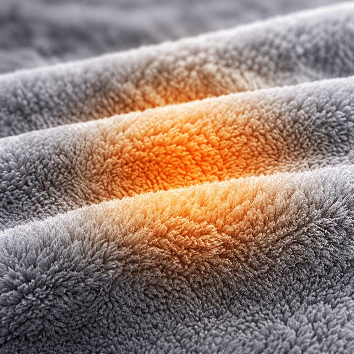 Gray plush flannel texture with an illustration of retained warmth.