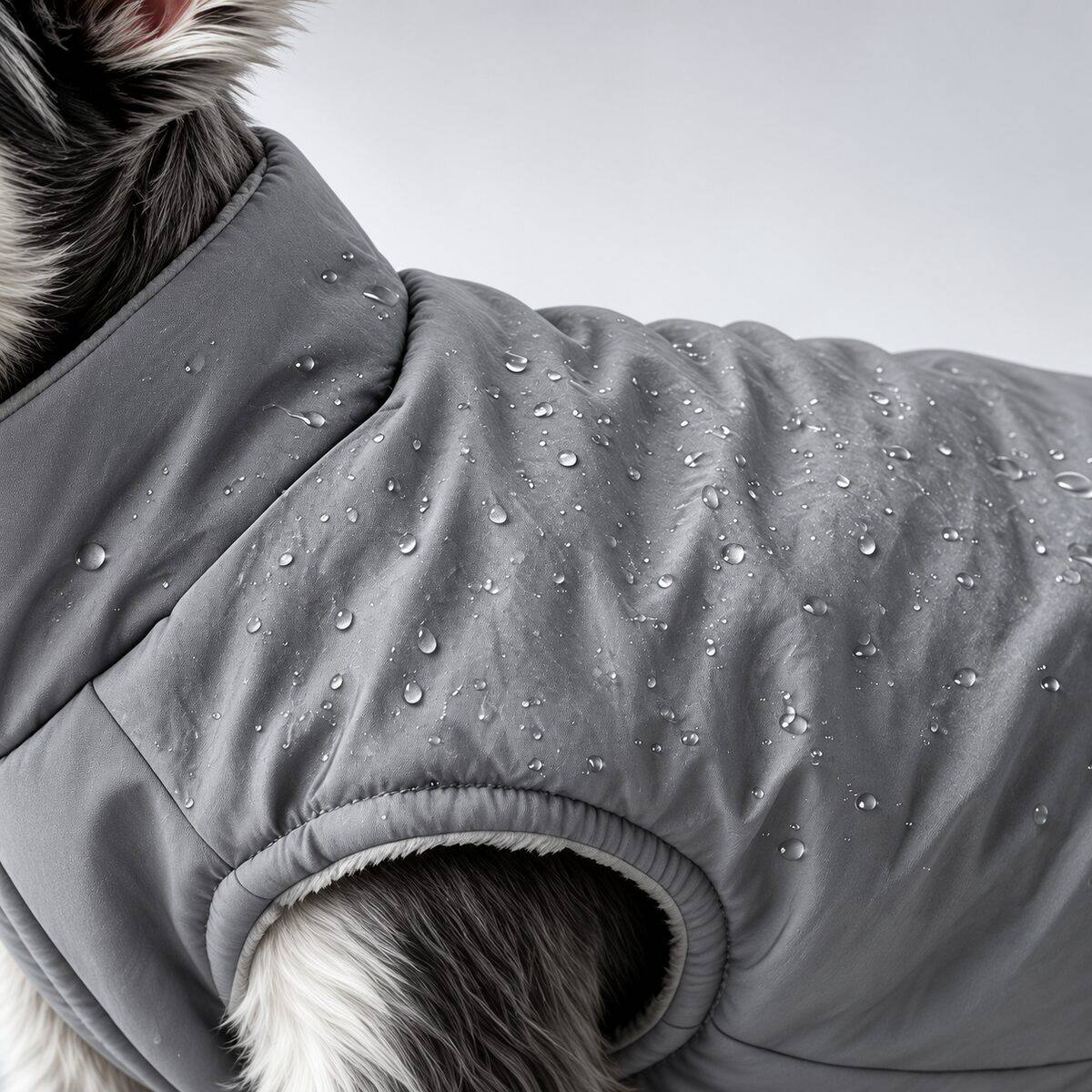Close-up of droplets on the gray water-resistant shell.