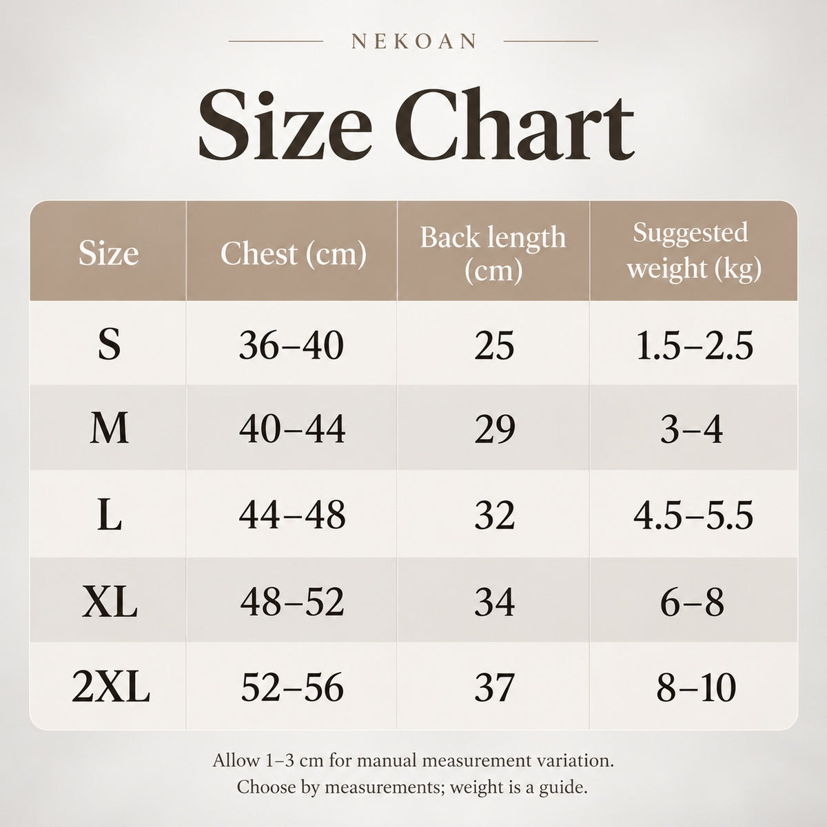 Size chart for sizes S to 2XL, with chest measurements, back length and suggested weight.
