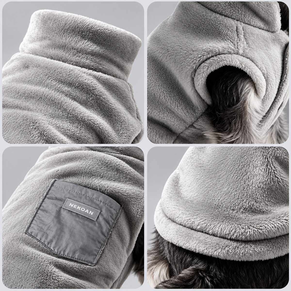 Four close-up views of the collar, arm opening, pocket and bound hem.