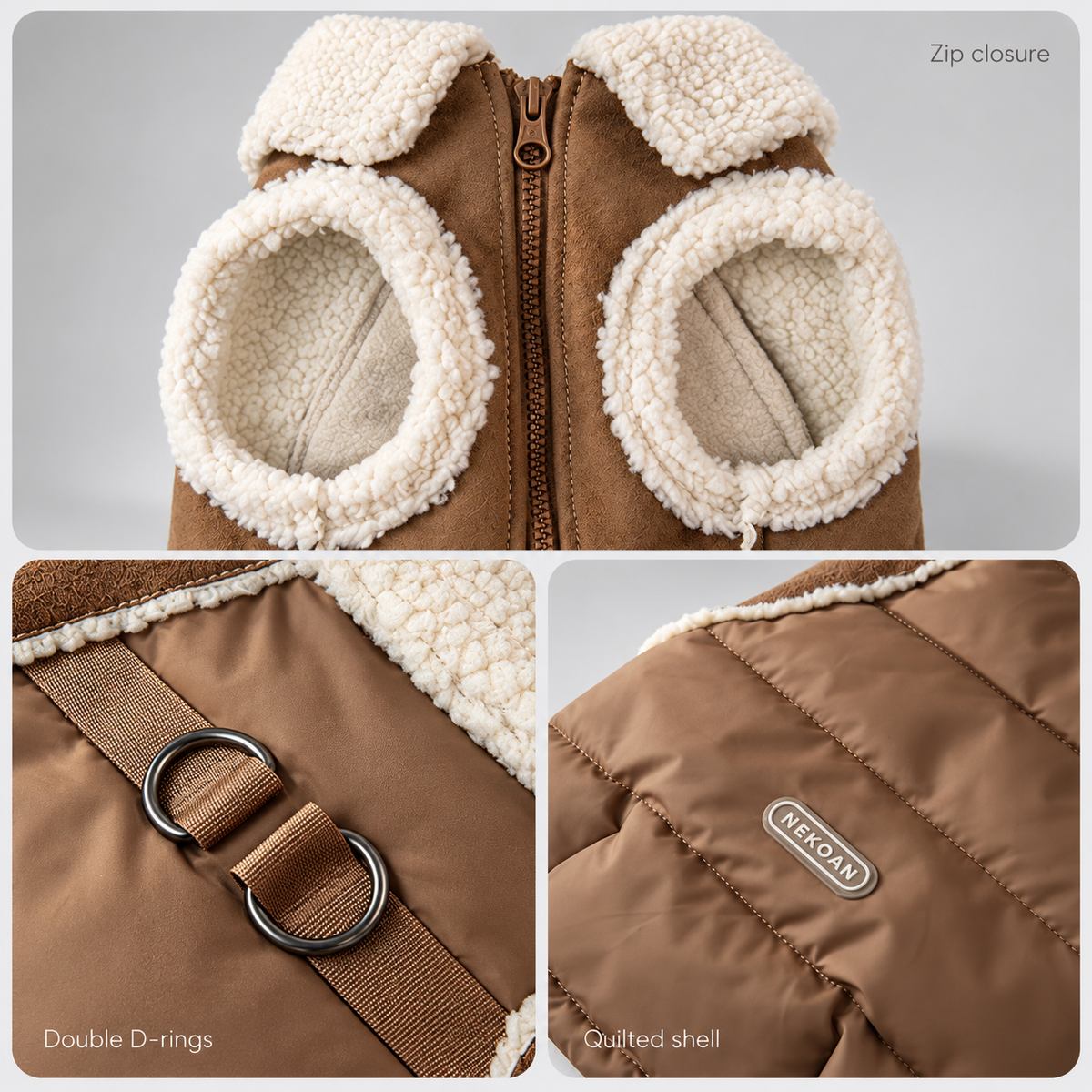 Three panels showing the zip closure, double D-rings and brown quilted shell.