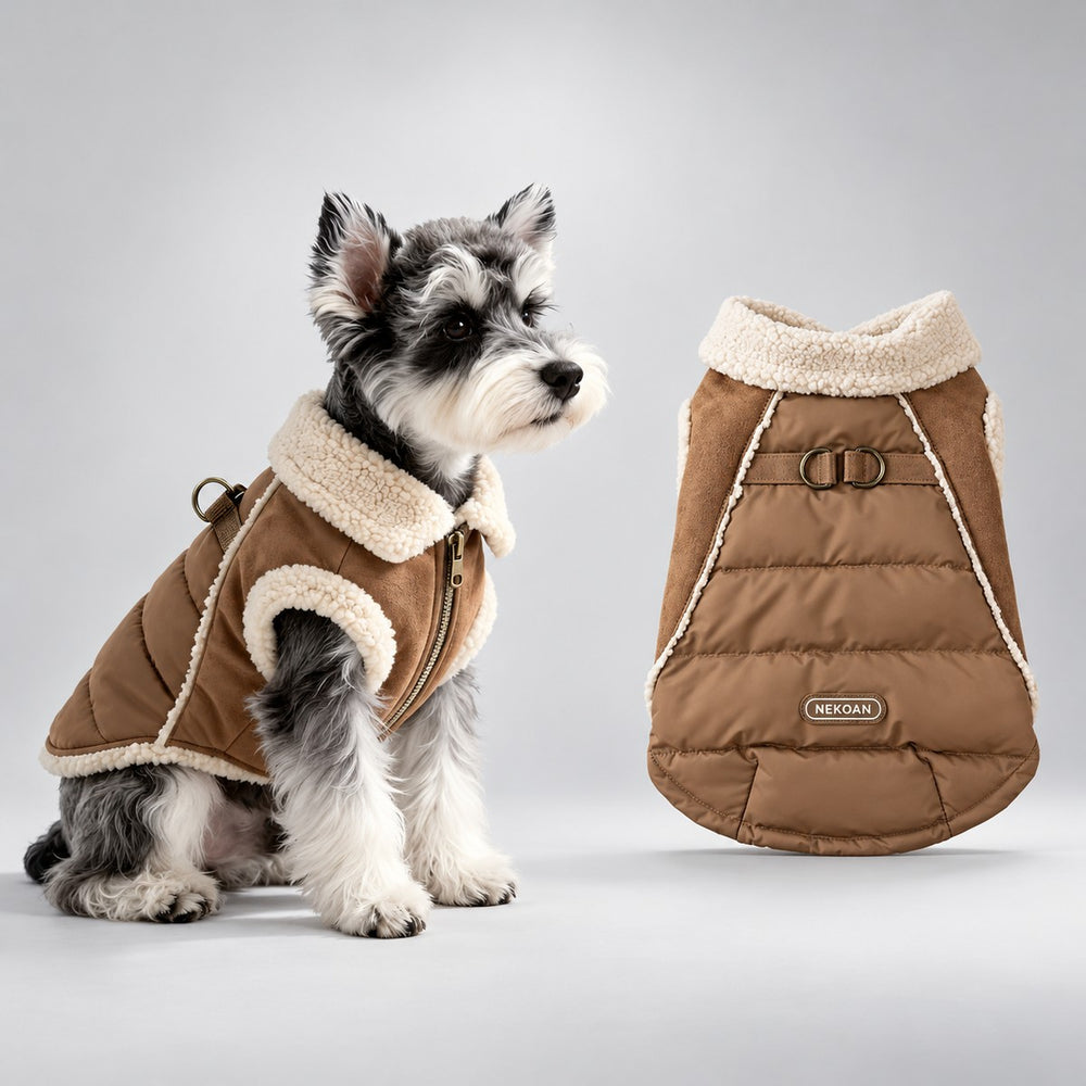 Seated schnauzer wearing the brown coat beside a flat view of the quilted back.