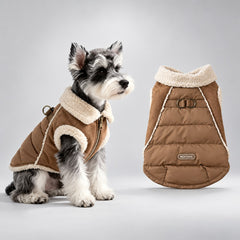 Seated schnauzer wearing the brown coat beside a flat view of the quilted back.