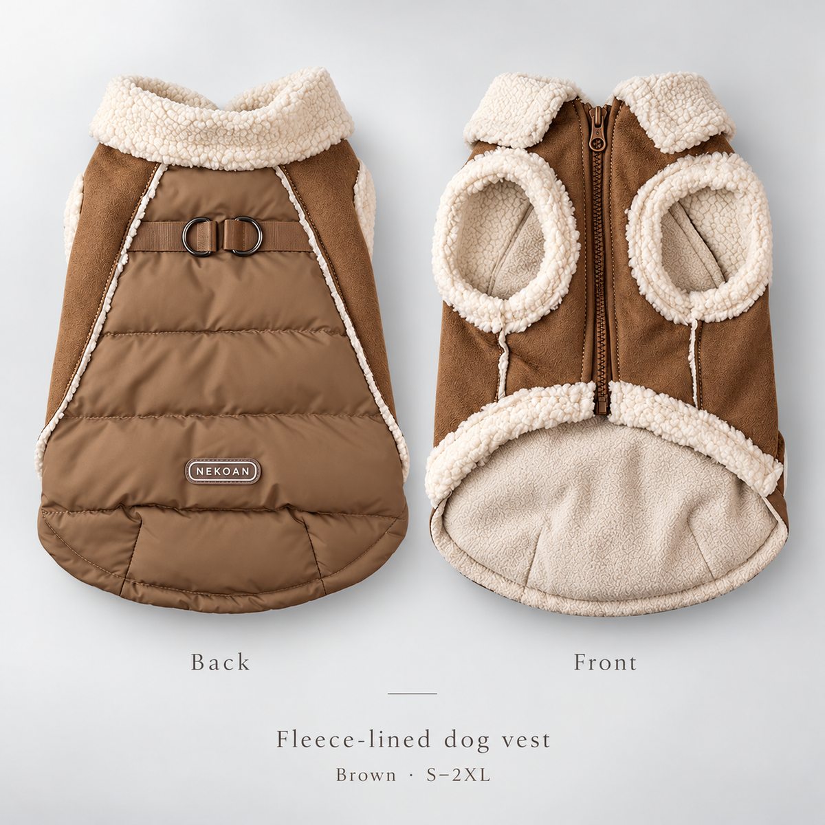 Brown fleece-lined dog vest shown from front and back with sizes S to 2XL.