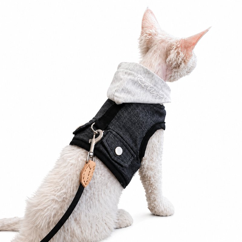 Sphynx-Katzengeschirr und Leinen-Set, hautfreundliches Denim-Westengeschirr für haarlose Katzen, leicht anzuziehendes Hoodie-Katzengeschirr mit integrierter Leine