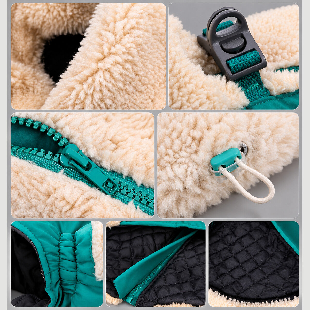 Close-ups of the Alpine sherpa jacket showing the buckle, zipper, D-ring and quilted lining.