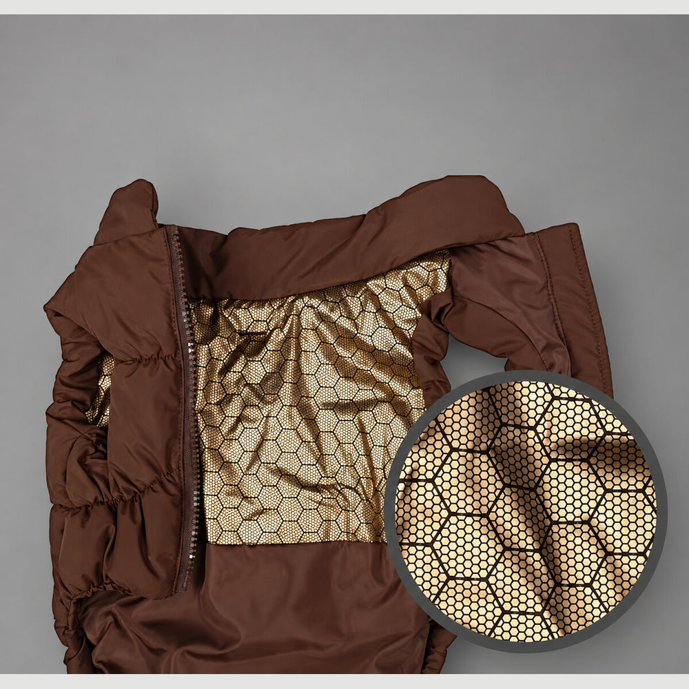 Mocha Brown winter puffer vest opened to show its metallic honeycomb-pattern lining and a close-up of the texture.