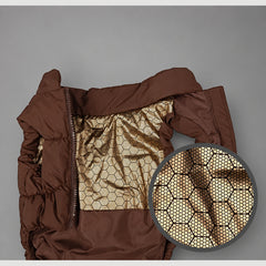 Mocha Brown winter puffer vest opened to show its metallic honeycomb-pattern lining and a close-up of the texture.