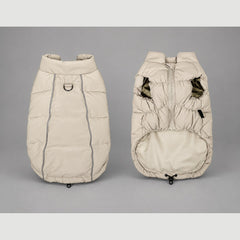 Soft Beige winter dog puffer vest shown from the outside and inside, with the back D-ring and adjustable hem.