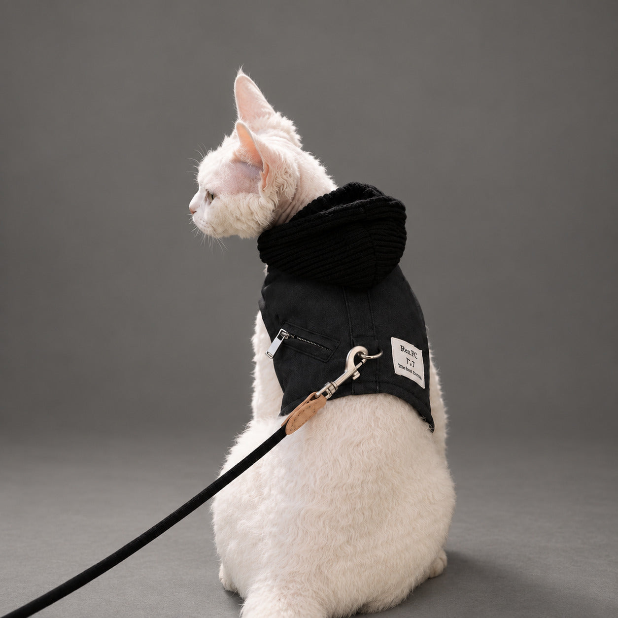 Sphynx-Katzengeschirr und Leinen-Set, hautfreundliches Denim-Westengeschirr für haarlose Katzen, leicht anzuziehendes Hoodie-Katzengeschirr mit integrierter Leine