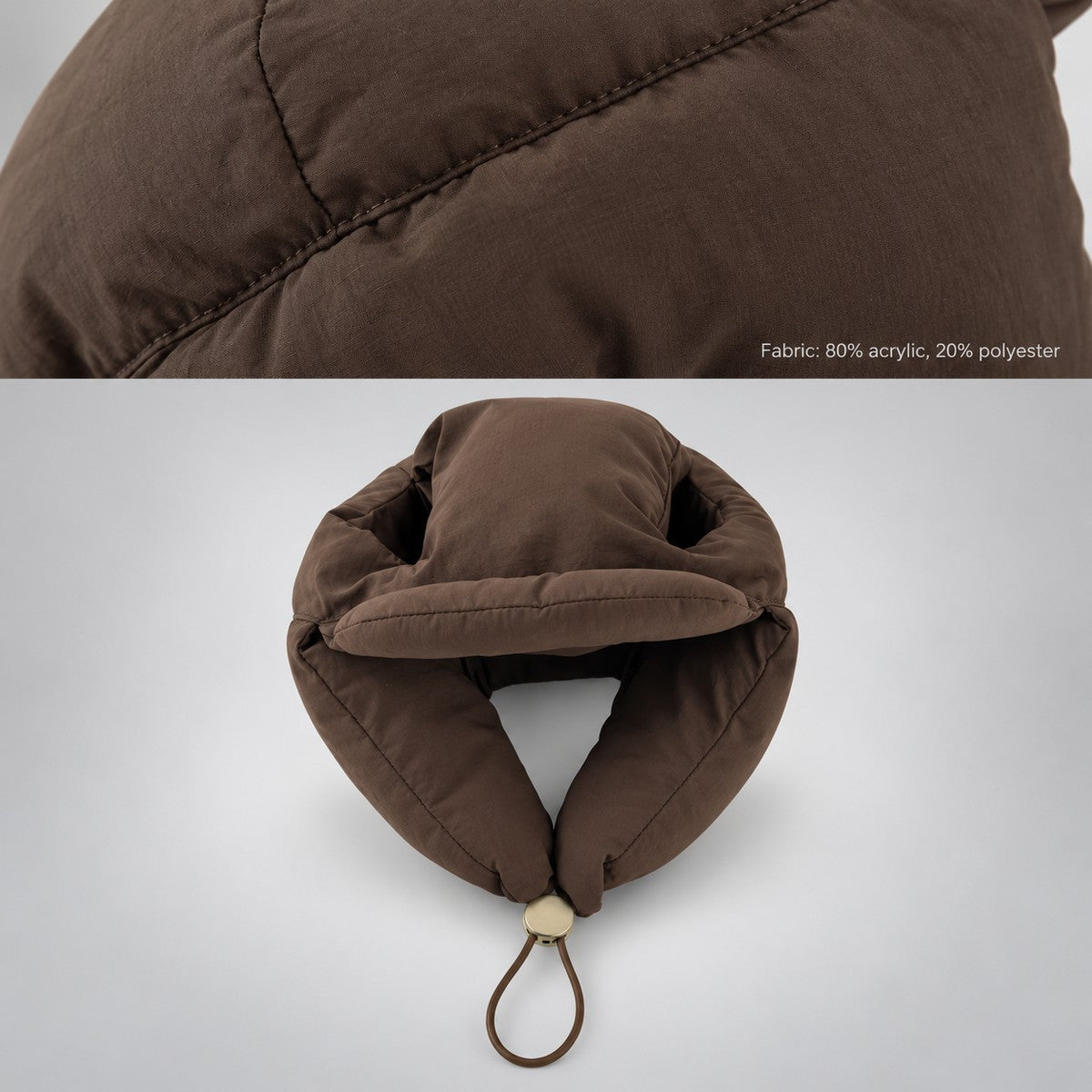 Brown padded hat fabric detail with the stated composition of 80% acrylic and 20% polyester.