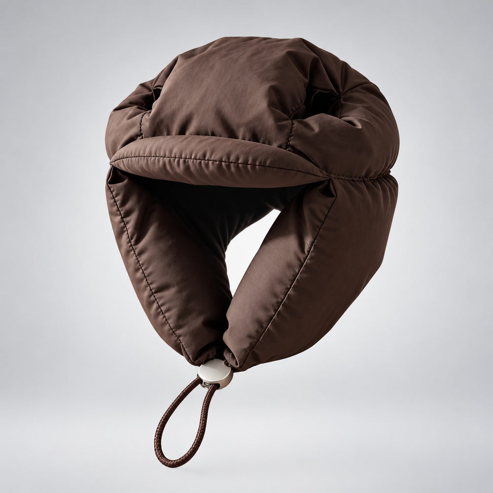 Front view of the brown padded dog hat with a short brim, side flaps and adjustable chin cord.