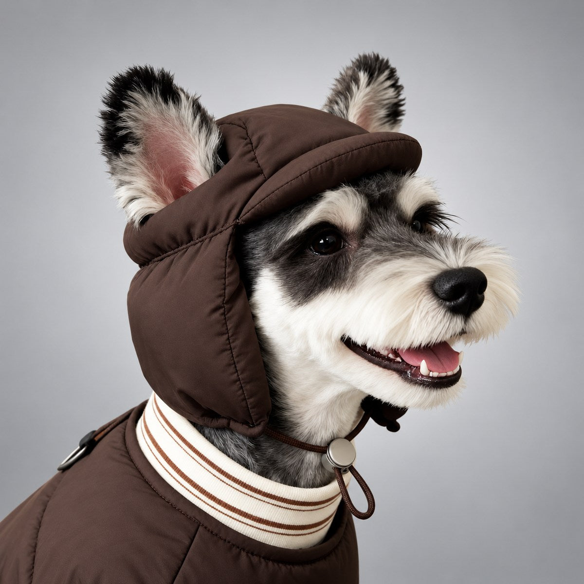 Side view of the brown padded hat on a Schnauzer, showing the shaped side panel and chin toggle.
