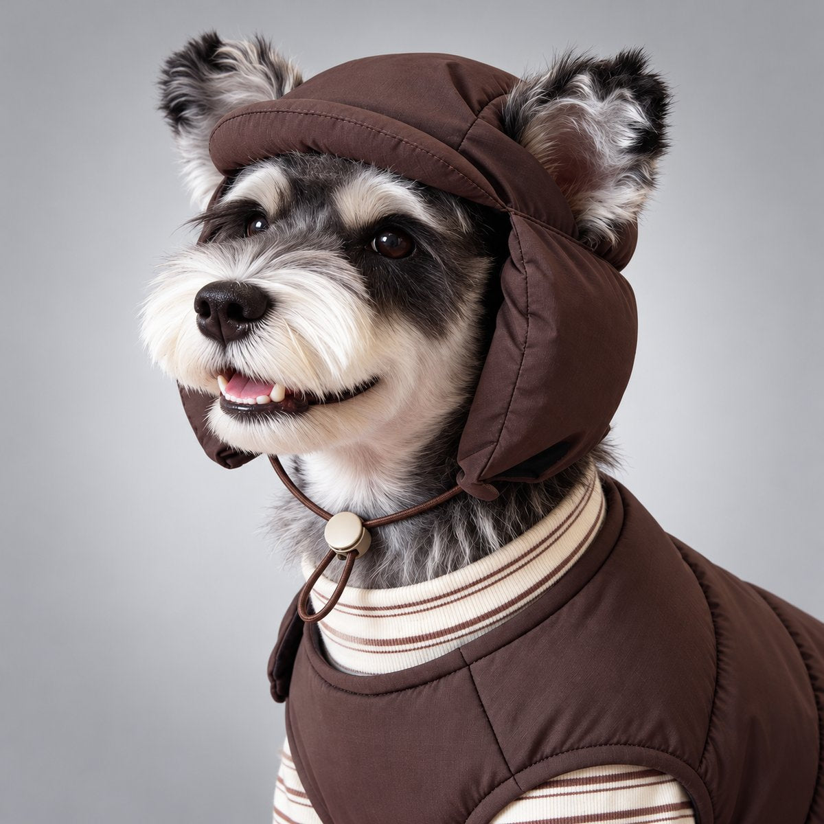 Three-quarter view of a Schnauzer wearing the brown padded hat with its ears visible.