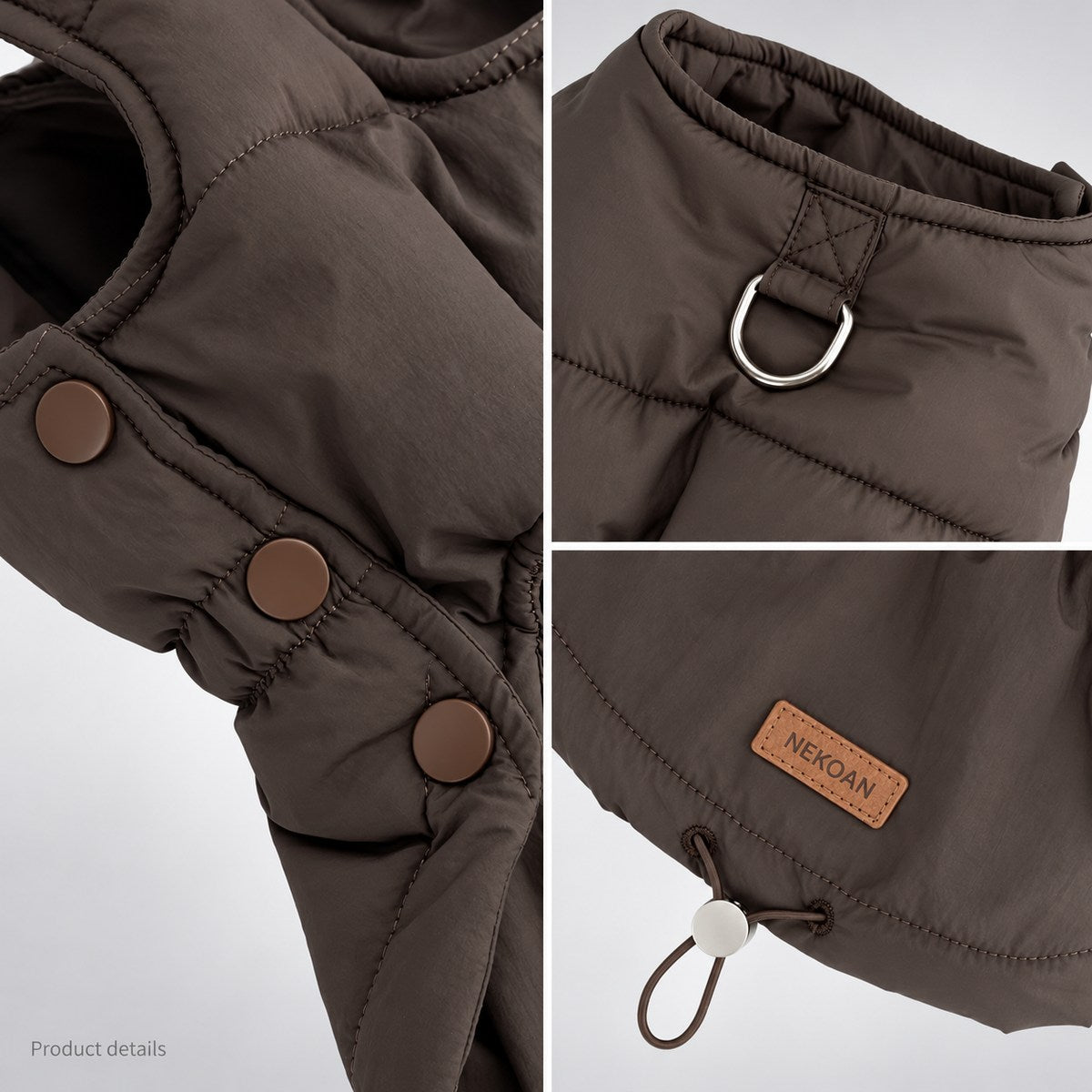 Detail collage of the brown dog vest showing snap fastenings, back D-ring, gathered waist and hem cord.